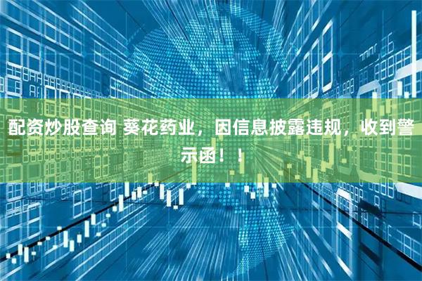 配资炒股查询 葵花药业，因信息披露违规，收到警示函！！